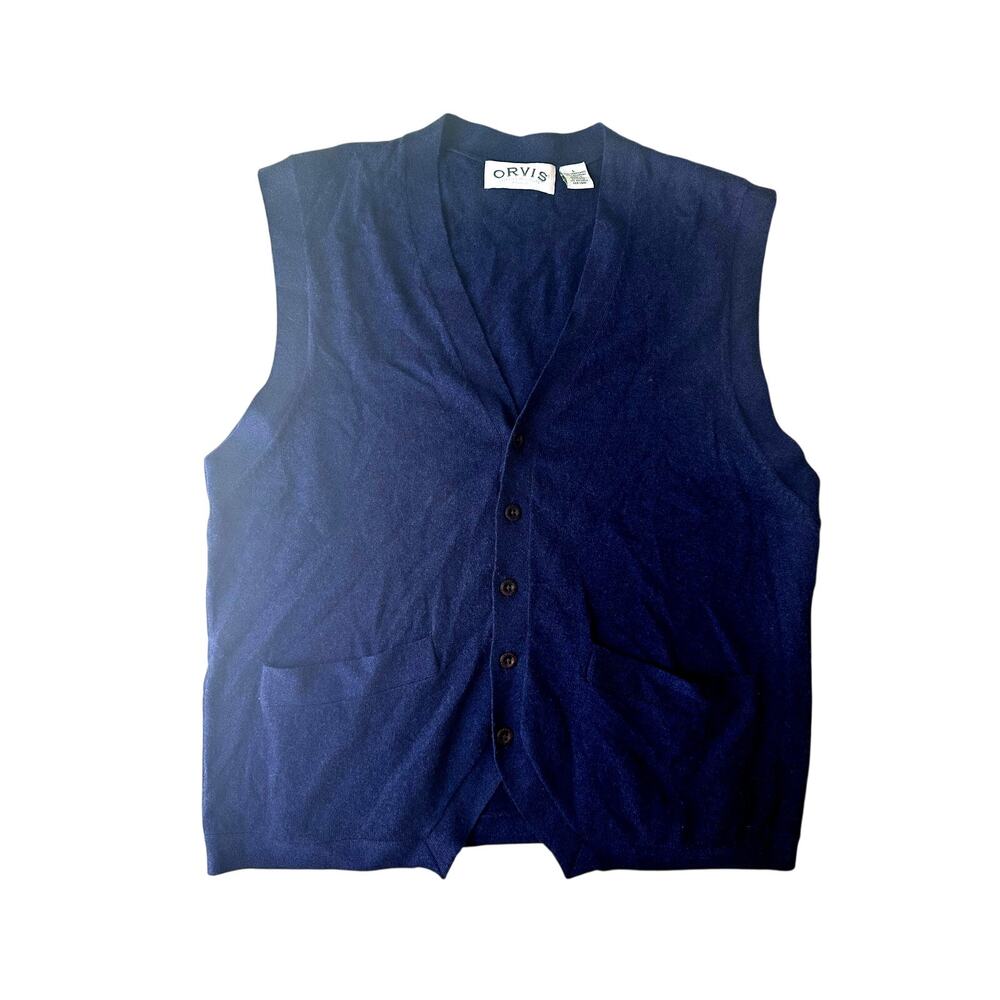 Orvis Men's Navy Blue Large Lambswool Cashmere Button Sweater Vest Grandpacore